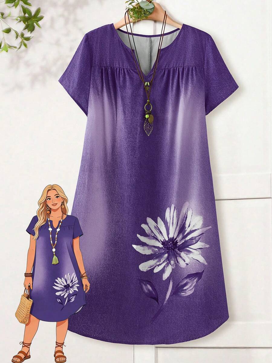Rusticease Plus Size Women V-Neck Floral Print Ruched Casual Party Dress - Purple - View 1