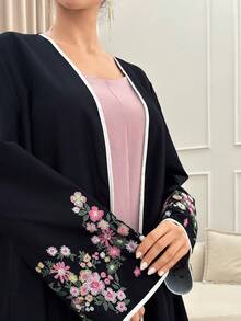Yasmyna Áo choàng Abaya dài tay dáng rộng thanh lịch dành cho nữ, thêu hoa và ghép mảnh. - màu đen - Xem 4