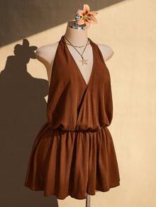 SHEIN ICON Vestido mini con escote en V cruzado y espalda descubierta en estilo A-line, vintage Y2K, vestido de vacaciones retro, vestido de playa, vestido de verano para tallas grandes - Marrón - View 5