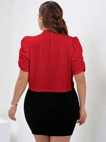 SHEIN Clasi Plus Size Fashionable Elegant White Lace Cropped Short Sleeve Cardigan Jacket,Black And Red,Wedding Guest,Spring Summer Office Outfits Work Blouses - Red - View 2