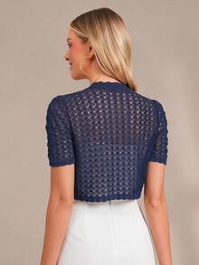 Amorya Women's Elegant Lace Short Sleeve Open Front Short Lightweight Jacket, Suitable For Daily Commute And Versatile Wear, Autumn/Winter - Navy Blue - View 2