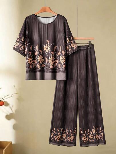 Rusticease Conjunto de camiseta de manga corta con cuello redondo y pantalones con estampado floral, informal, para mujeres de edad media y mayores, para verano