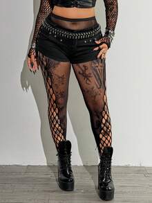 Whyspr Plus Size Women's Sexy Sheer Elastic Mesh Splice Leggings - Black - View 5