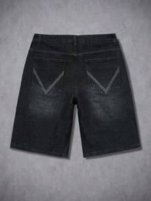 Manfinity LEGND Men's Gothic Street Style Cross Rhinestone Decor Loose Washed Black Denim Shorts - Black - View 2