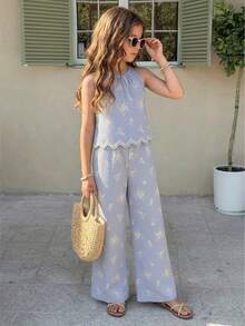 SHEIN Áo croptop không tay dáng rộng thời trang thường ngày cho bé gái, phối cùng quần ống đứng dáng rộng kẻ sọc kiểu boho, trang phục mùa hè cho bé gái. - Màu xanh nhạt - Xem 1