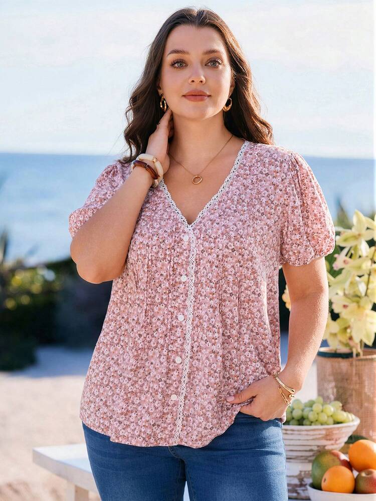 Plus Size Women's Pink Summer Boho Ditsy Floral Short Sleeve Blouse,Casual Holiday Vacation Top,Country Concert Outfit,Western Beach Festival Outfits