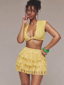 MUSERA Crochet Knit Plunge Front Short Sleeve Crop Top Spring Summer Ibiza Festival Holiday Vacation Cute Sexy Y2k Night Out Club Tropical Seduction - Yellow - View 5