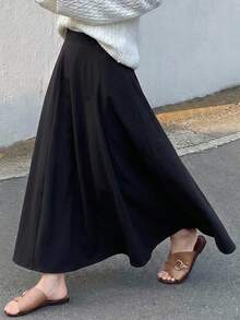 DAZY Solid Long Flare Skirt,Ruffle Fall - Black - View 8