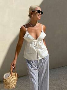 Livesso Áo cardigan dáng ngắn không tay, kiểu dáng thường ngày, họa tiết chấm bi trắng, dây mảnh, thắt nơ, phong cách boho, thích hợp cho mùa xuân và hè, dành cho nữ. - trắng - Xem 2