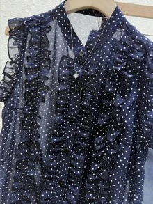 Franclia Women's Black Polka Dot Chiffon Blouse, Elegant Romantic Ruffle Hem - Navy Blue - View 4