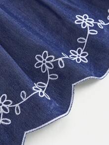 SHEIN 少女夏季荷葉邊刺繡上衣與寬鬆直筒休閒長褲套裝，適合日常穿搭、度假、校園、開學季 - 藍色 - 查看 5