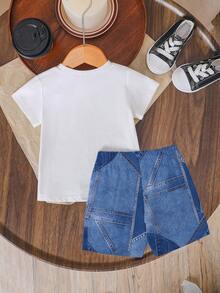 2pcs/Set Young Girls' Heart Print Round Neck Short Sleeve Top + Fashionable Denim Digital Print Shorts Set, Casual Chic, Outfit, Suitable For All Seasons - Multicolor - View 4