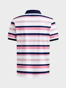 男士粉色拼色條紋 Polo 衫，短袖高爾夫網球上衣，休閒夏季學院風老錢風戶外派對運動休閒 - 粉色 - 查看 4