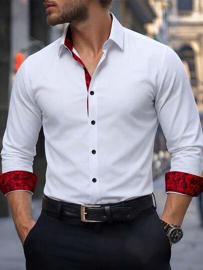 Manfinity Mode Chemise à manches longues décontractée pour hommes, imprimé floral patchwork, pour vacances et fêtes, printemps/automne