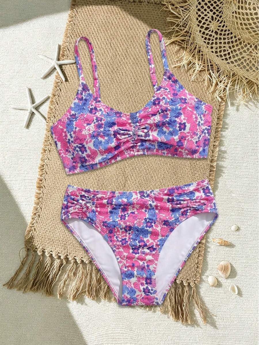 SHEIN Conjunto de bikini con estampado floral diminuto y colorido para niñas preadolescentes, top con nudo central, Bottom con nudo lateral, traje de baño de 2 piezas, elegante y casual, adecuado para nadar, vacaciones, verano - Amarillo - Ver 1