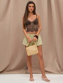 SHEIN BAE 女士性感蕾丝透视露脐吊带背心，适合海滩度假 - 咖啡棕 - 查看 3
