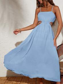 Travachic Vestido de verano de unicolor con espalda descubierta y cintura anudada - Celeste - Ver 5