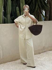 DAZY Conjunto de camisa de manga corta y pantalón vaquero de pierna recta holgado y casual para vacaciones, primavera/verano para mujer - Blanco - Ver 6