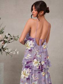 aL'Amorae Vestido maxi elegante y romántico de invitada de boda, de gasa con cuello halter y volantes sólidos - Morado - Ver 5