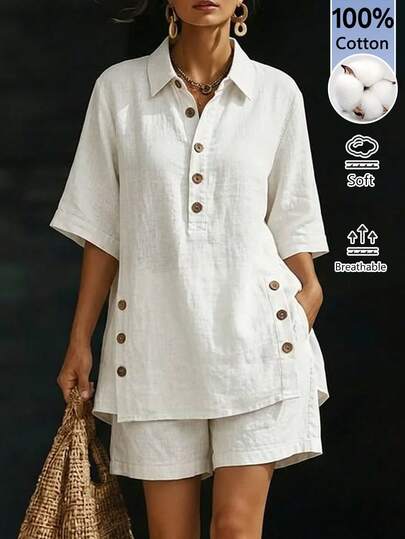 EMERY ROSE Women's Summer Casual Solid Color Top & Shorts 2 Pieces Set Summer Outfits For Women Going Out Outfits Casual Sets For Women Vacation Outfits Women Holiday Outfits For Women White Outfit White Set Two Piece Set For Women Casual Sets For Women Short Sets For Women Matching Sets For Women Summer Sets Women's Two Piece Sets Cotton Women's Clothing
