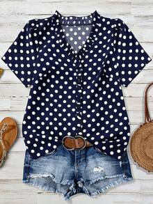 Linhara Plus Size Women's Solid Color Textured V-Neck Short Sleeve Casual Regular Blouse, Suitable For Going Out, Vacation, Club - Blue - View 1