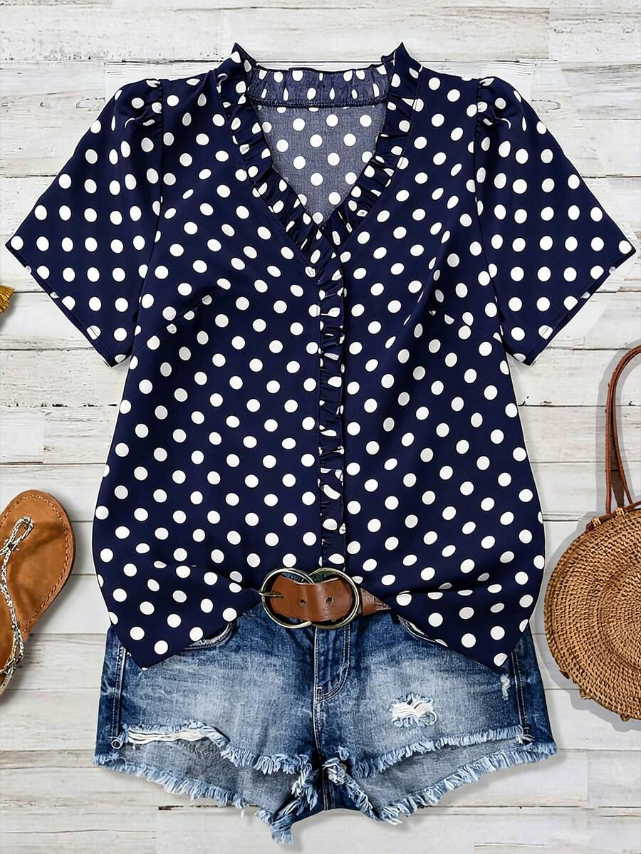 Linhara Plus Size Women's Solid Color Textured V-Neck Short Sleeve Casual Regular Blouse, Suitable For Going Out, Vacation, Club - Blue - View 1