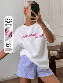 DAZY Women's Letter Print Top And Polka Dot Print Shorts Pajama Set Summer - White - View 3