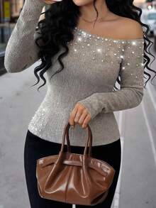 Elenzga Lenzga Women's Plus Size Asymmetrical Shoulder Long Sleeve Cinched Waist Casual Blouse, Elegant Faux Pearl Decor, Luxury Party Wear - Grey - View 1