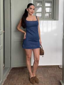 Marta Soriano 海滩度假 夏季文艺复兴博览会 乡村音乐会 千禧年毕业典礼 外出音乐节 机场装 复活节波西米亚风女装蓝色牛仔装 夏季上衣 夏季母亲节毕业装 牛仔连衣裙 - 深色水洗藍 - 查看 5
