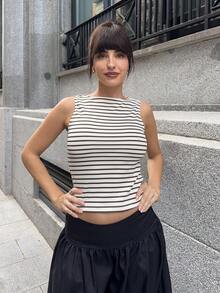Marta Soriano 女士休闲条纹修身背心，夏季、秋季女装、冬季女装、万圣节服装、棕色上衣、条纹上衣 - 彩色 - 查看 1
