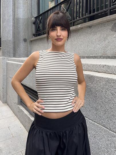 Marta Soriano 女士休闲条纹修身背心，夏季、秋季女装、冬季女装、万圣节服装、棕色上衣、条纹上衣