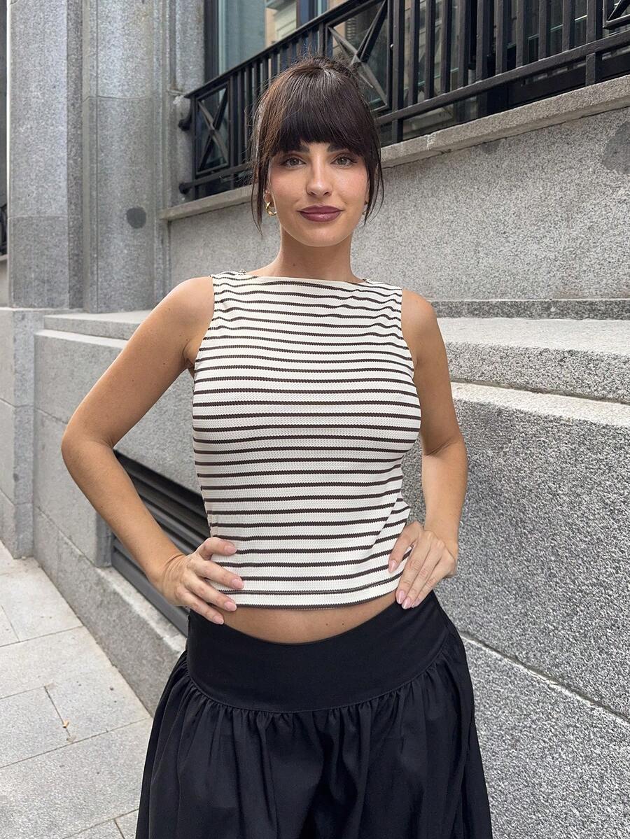 Marta Soriano 女士休闲条纹修身背心,夏季、秋季女装、冬季女装、万圣节服装、棕色上衣、条纹上衣 - 彩色 - 查看 1
