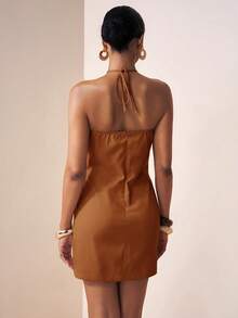 Zivah 2026 Spring,Summer Women's Rust Brown Linen Wrap-Up Mini Dress,Casual Vacation Holiday Boho Beach Airport Brunch Festivals Wedding Guest Attire - Redwood - View 2
