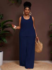 Slaydiva Conjunto de 2 piezas de mujer talla grande de primavera/verano 2025 - Estilo vintage, tropical, festival de música, club, viaje por carretera, casual, de ciudad, vacaciones, graduación, elegante: Top sin mangas de tela transparente y texturada con cuello en U y pantalones palazzo de cintura elástica - Azul Marino - Ver 5