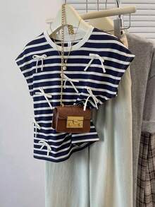 Levarali Plus Size Summer Casual Brown Bow Decor T-Shirt Gym - Blue and White - View 1