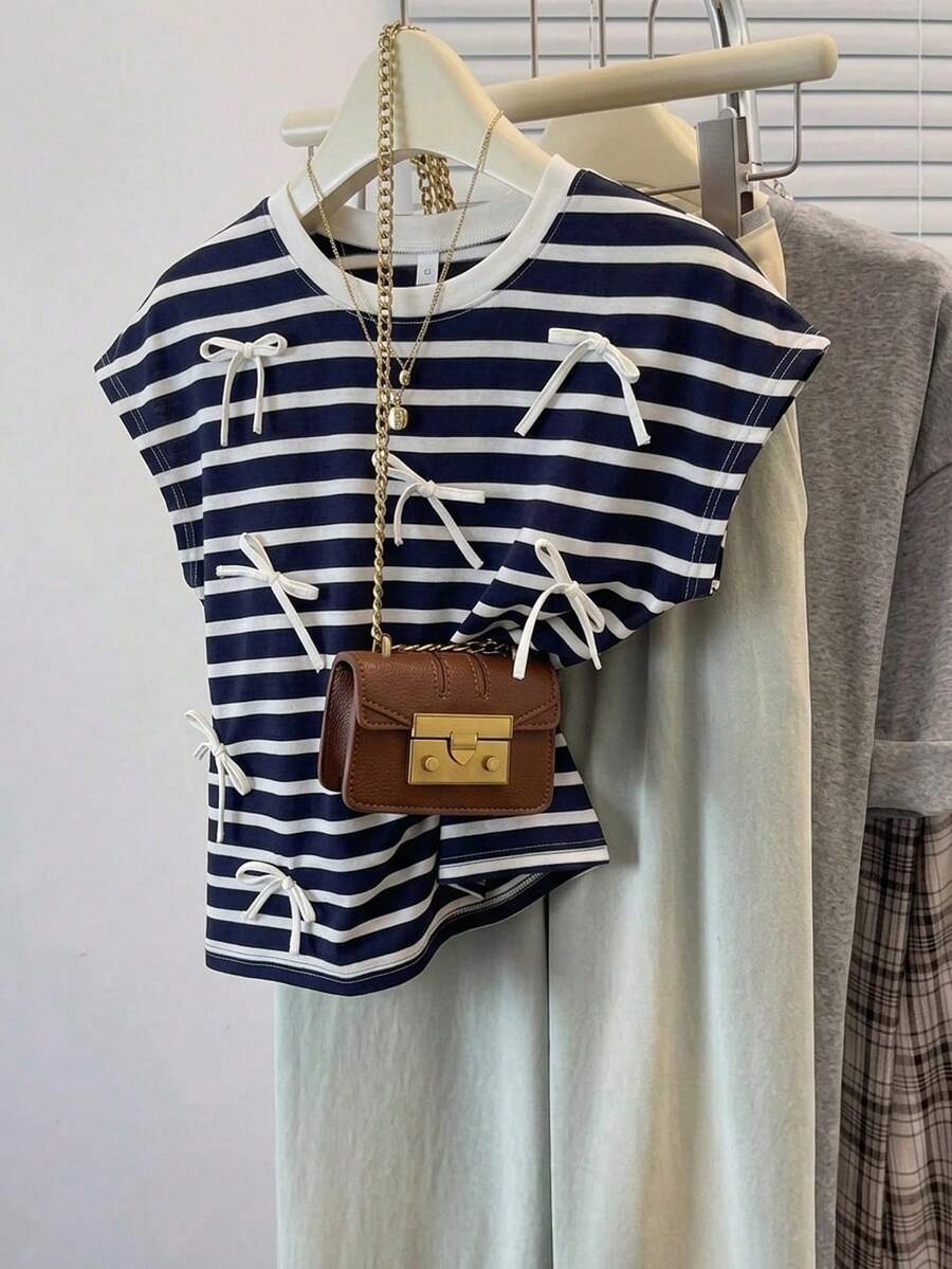 Levarali Plus Size Summer Casual Brown Bow Decor T-Shirt Gym - Blue and White - View 1