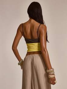 MUSERA Embellished Shell Button Bust Cut Out Front Ruched Fitted Top Cute Summer Spring Sexy Tropical Going Out Club Beach Holiday Vacation Y2K Yellow - Yellow - View 4