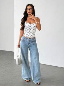 SHEIN PETITE 女款黑白波點夏季性感優雅束腰上衣，適合夜店、生日派對、度假、約會之夜，適合嬌小女性的可愛上衣 - 白色 - 查看 6