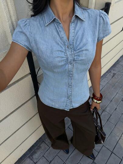 Siren Gaze Fitted Short Sleeve Denim Shirt Top For Women