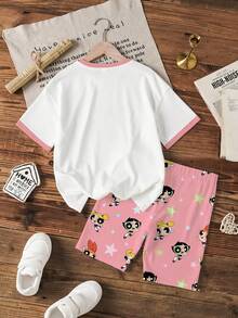 THE POWERPUFF GIRLS X SHEIN Bộ đồ thường ngày thoải mái cho bé gái tuổi teen, gồm áo thun và quần short in chữ hoạt hình ngộ nghĩnh, thích hợp đi làm, mùa hè. - trắng - Xem 2