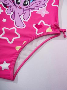 My Little Pony X SHEIN 少女卡通印花连体泳衣，适合海滩度假、泳池派对、沙滩派对 - 玫紅色 - 查看 5