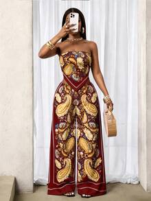 BamGleam Bộ 2 món gồm áo croptop không dây in họa tiết Paisley phong cách Bohemian với vạt áo bất đối xứng và quần ống rộng cạp chun, thích hợp cho kỳ nghỉ, đi biển và mặc hàng ngày vào mùa xuân/hè. - Màu Đỏ Sâu - Xem 3