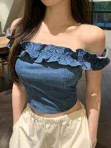DAZY Vintage Washed Blue Off Shoulder Top With Lace Patchwork, Casual Street Style Denim Blouse For Women, Spring & Summer - Medium Wash - View 4