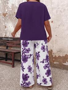 Breezaya Plus Size Solid Color Asymmetric Hem Short Sleeve Top And Floral Print Long Pants 2-Piece Set - Violet Purple - View 2