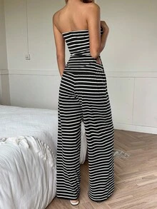 CovetEZ 女士休闲黑色条纹抹胸上衣和裤子两件套，夏季 - 黑色 - 查看 3