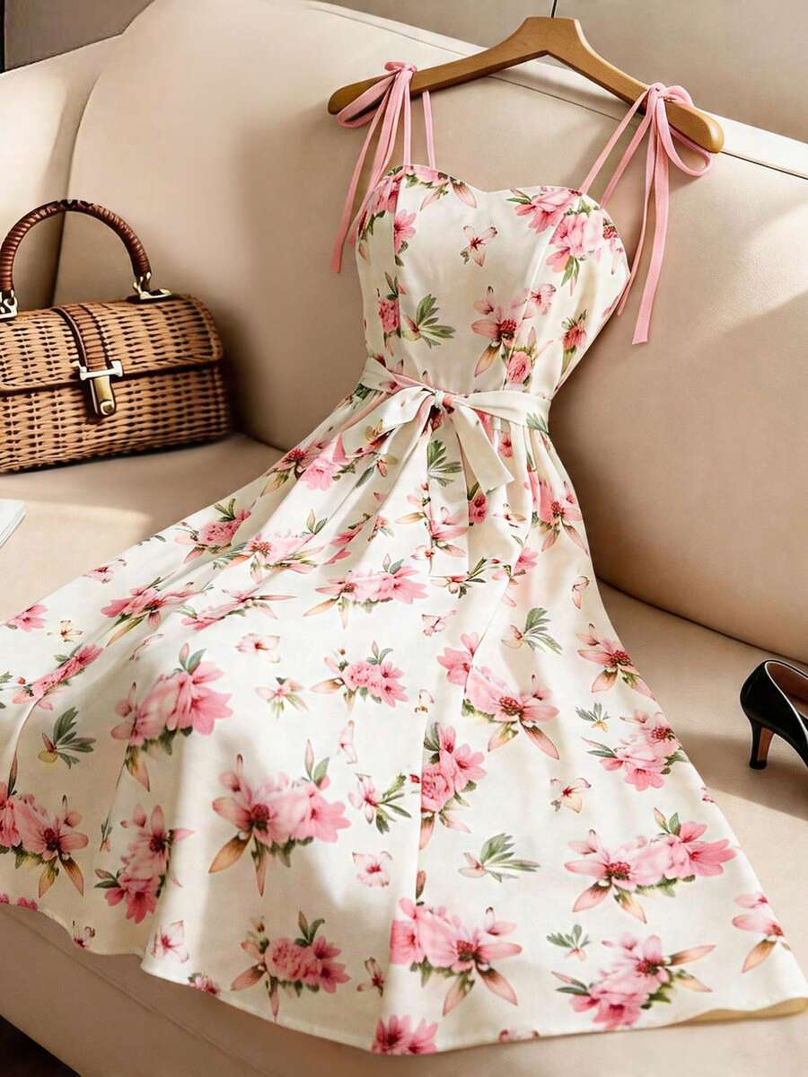 SHEIN Franclia Đầm nữ thanh lịch, lãng mạn, dây mảnh, hở lưng, thắt eo, họa tiết hoa, thích hợp cho kỳ nghỉ hè. - Màu be - Xem 1
