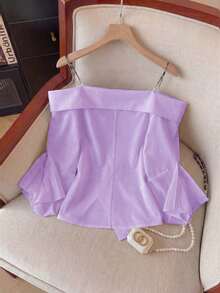 GlowEve Blusa casual de vacaciones para mujer con hombros descubiertos, cintura fruncida y cadena de unicolor, para primavera/otoño - Morado - Ver 2