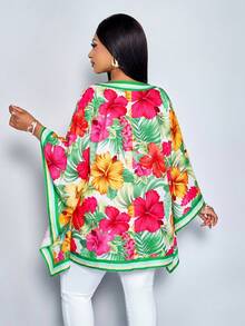 SOLERSUN Women's Summer Beach Vacation Style Tropical Print Loose V Neck Batwing Sleeve Blouse,Resort Tropical Vacations - Green - View 2