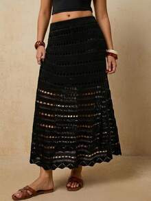 Travachic Đầm maxi cotton đục lỗ dáng thường ngày dành cho nữ, mùa hè. - màu đen - Xem 3