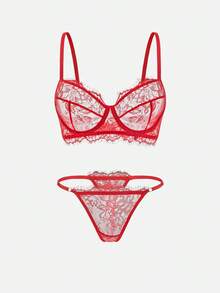 2pcs Set Mature Burgundy Lace Patchwork Lingerie Set - Red - View 1